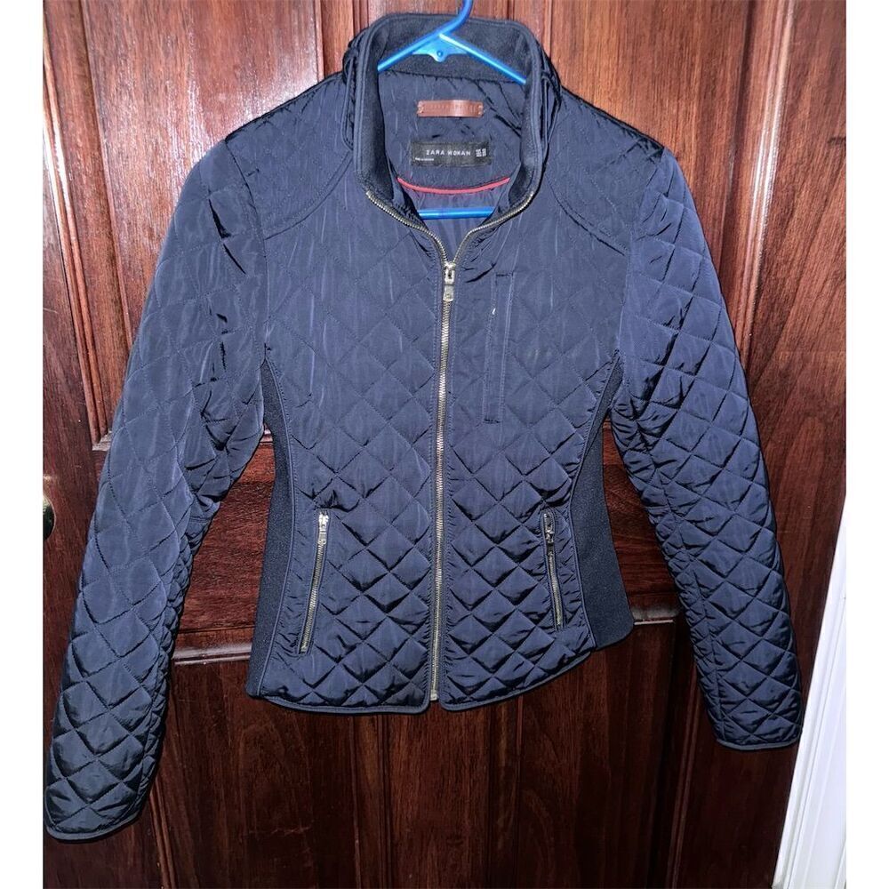Zara Woman‎ Quilted Blue Moto Jacket Size S Full Zip Casual Short Coat